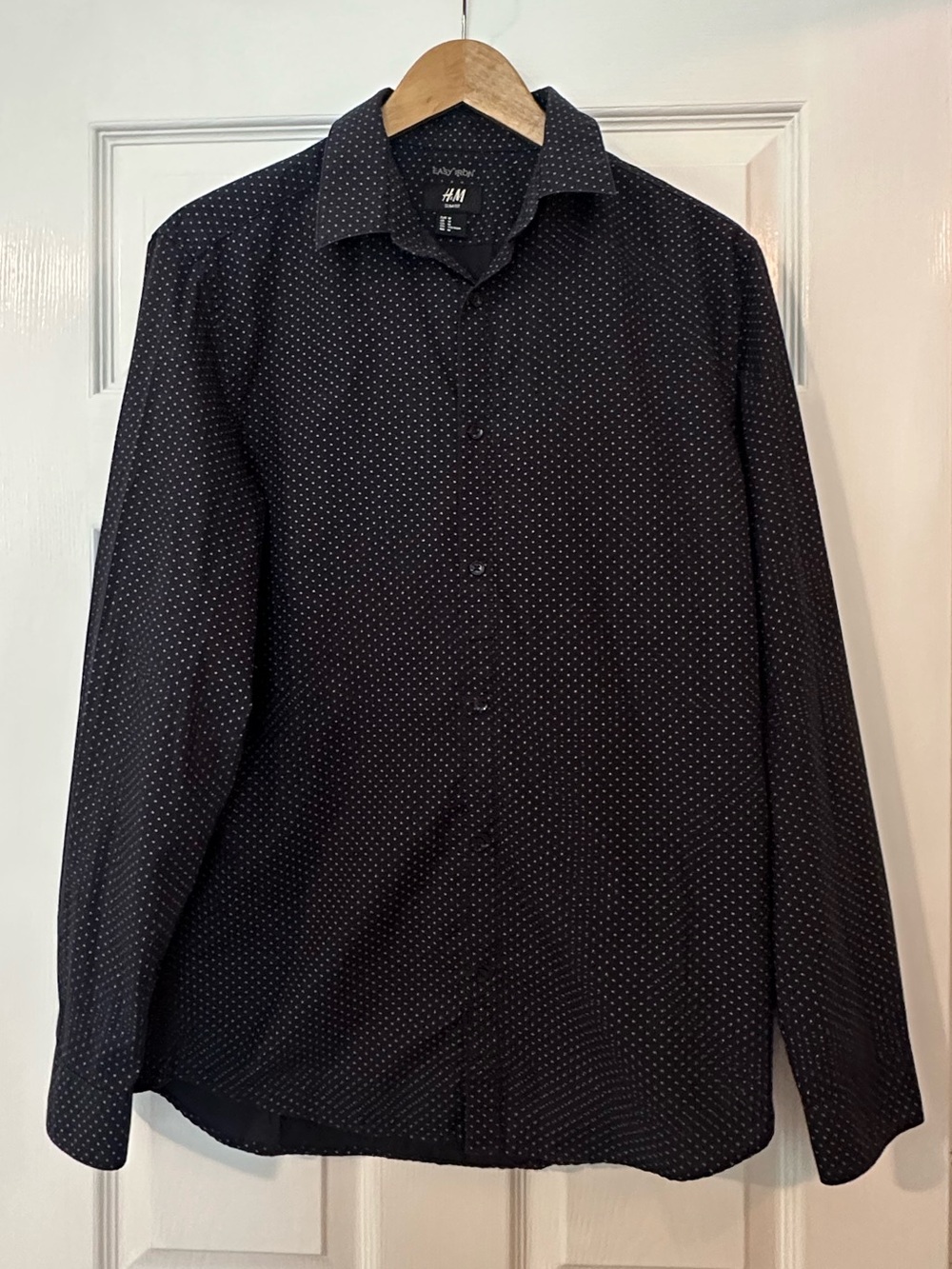 H&M Dark Navy Long-Sleeve Dress Shirt with Tiny White Dots